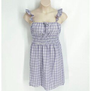 WAYF Gingham Smocked Waist Mini Dress Size M Purple White Summer Travel Lined